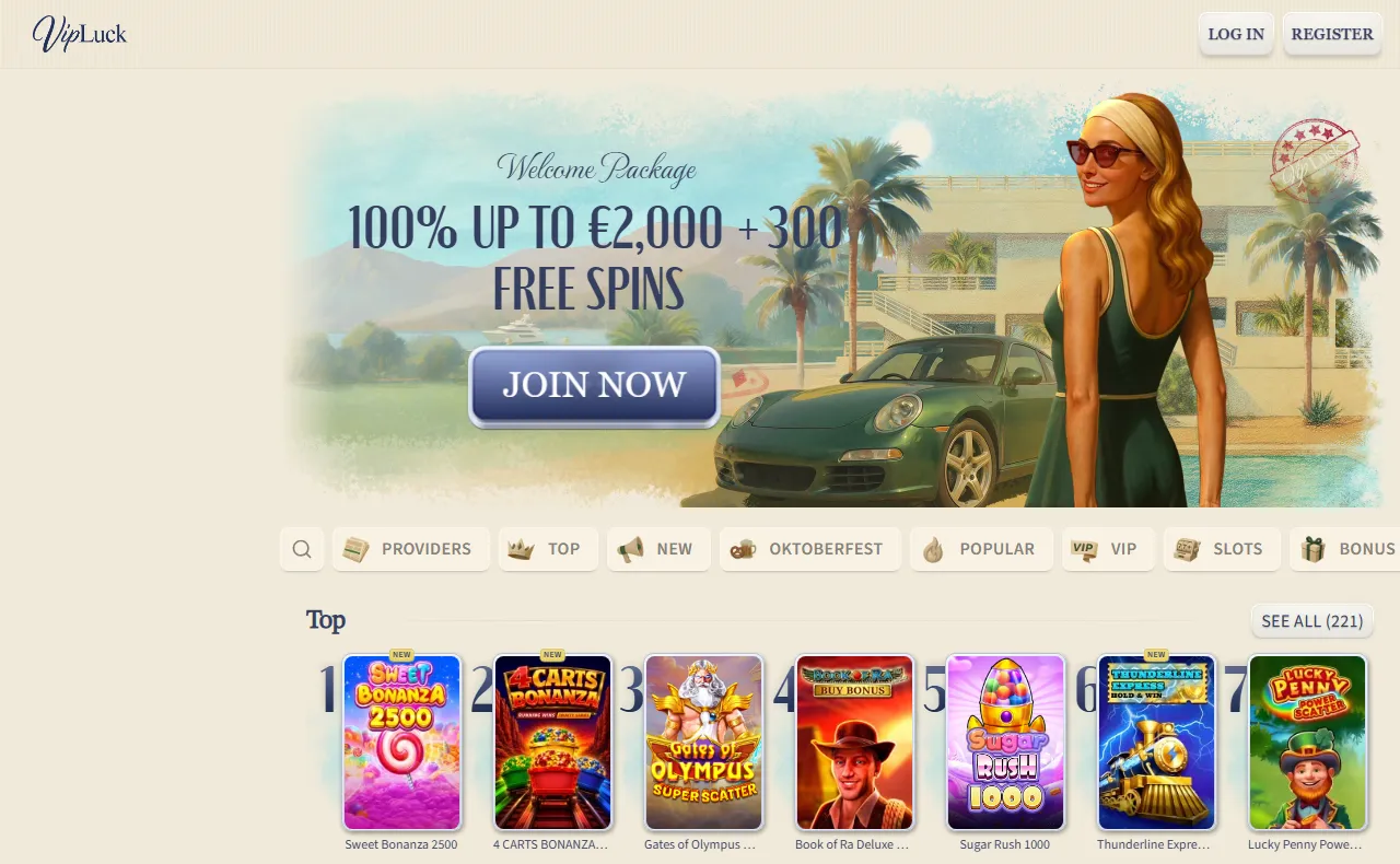 Homepage di VipLuck casinò online da desktop con il pacchetto di benvenuto