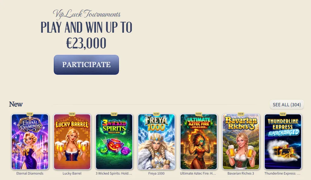 Sezione tornei e nuovi giochi di VipLuck